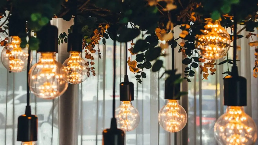 Festoon lighting with decorated ceiling creating a soft, intimate ambience